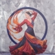 Dipinto figurativo di Valeria Luschi con donna che danza in abito arancio, viola e rosso, con cerchio sullo sfondo e movimento armonioso