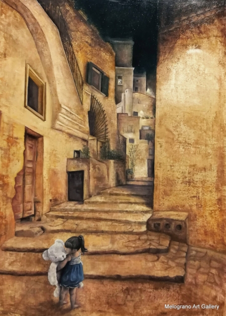 Dipinto figurativo luminoso di Valeria Luschi con paesaggio che ritrae i sassi di Matera con luci calde e suggestive