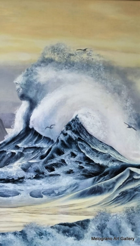 Dipinto figurativo di Valeria Luschi con volto emergente dalle onde di un mare tempestoso, atmosfera surreale e poetica