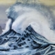 Dipinto figurativo di Valeria Luschi con volto emergente dalle onde di un mare tempestoso, atmosfera surreale e poetica