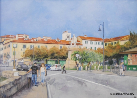 Dipinto figurativo luminoso di Valeria Luschi con paesaggio livornese e atmosfera armoniosa piena di luce