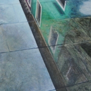 Quadro della pittrice livornese Valeria Luschi con riflessi di edifici nell'acqua, pittura di un caldo realismo