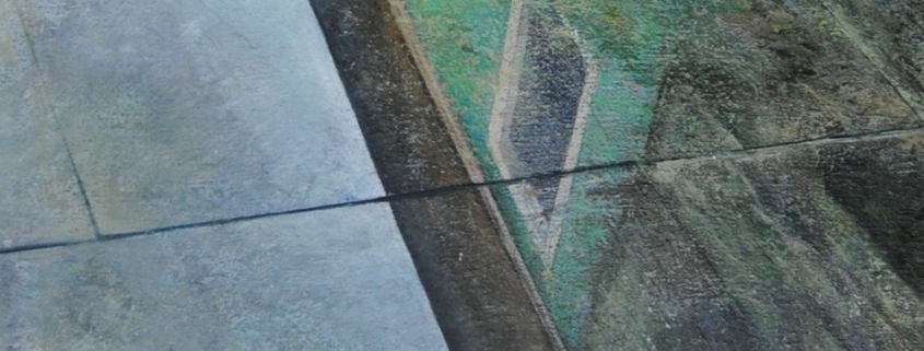 Quadro della pittrice livornese Valeria Luschi con riflessi di edifici nell'acqua, pittura di un caldo realismo