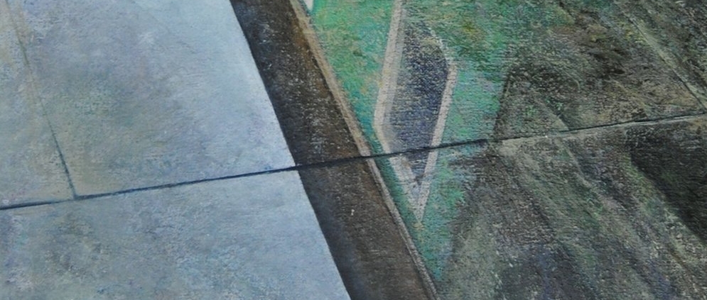 Valeria Luschi Riflessi Quadro della pittrice livornese Valeria Luschi con riflessi di edifici nell'acqua, pittura di un caldo realismo