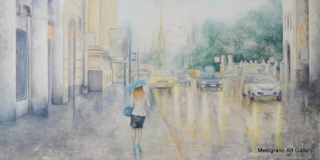Dipinto figurativo di Valeria Luschi raffigurante San Pietroburgo durante la prima giornata di pioggia con atmosfera urbana e luci riflettenti