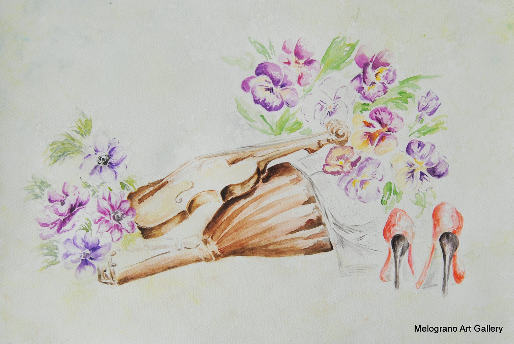 Acquerello “Leggere evasioni” di Vera Lowen con fiori colorati, violino e scarpe rosse, metafora di evasione e resilienza.