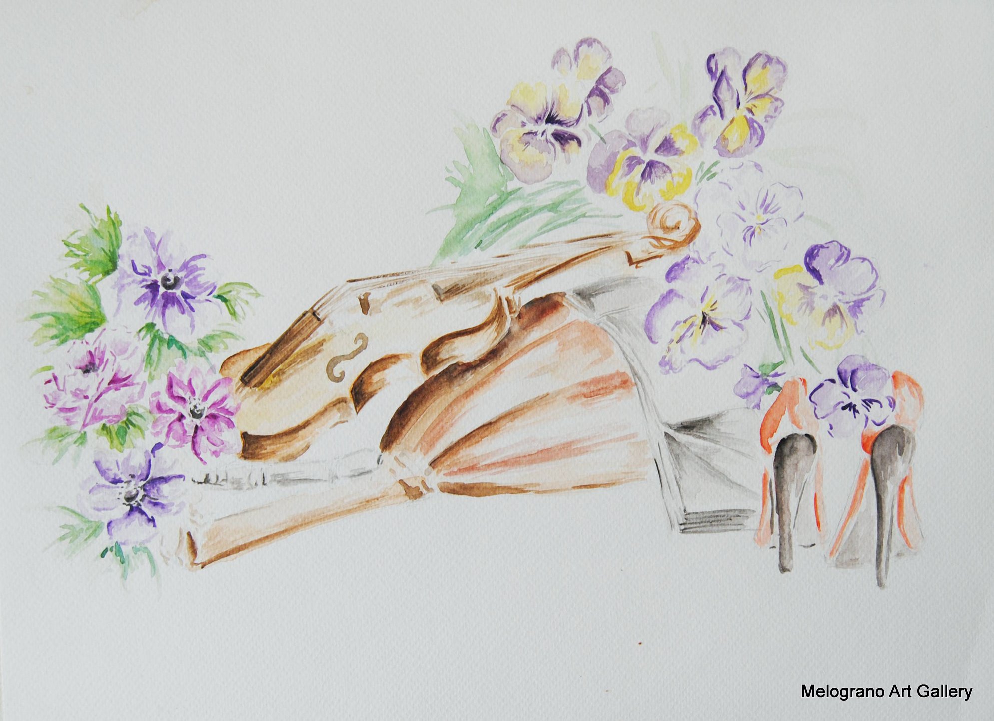 “Leggere evasioni” di Vera Lowen: violino, scarpe rosse e fiori vivaci su sfondo luminoso, acquerello poetico sulla resilienza.