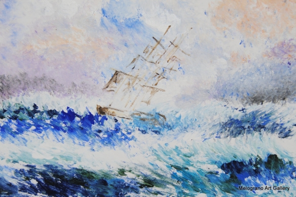 Vera Lowen Veliero sul mare in tempesta. Le onde rappresentano il mistero e la potenza della vita, mentre i velieri incarnano la nostra fragile esistenza
