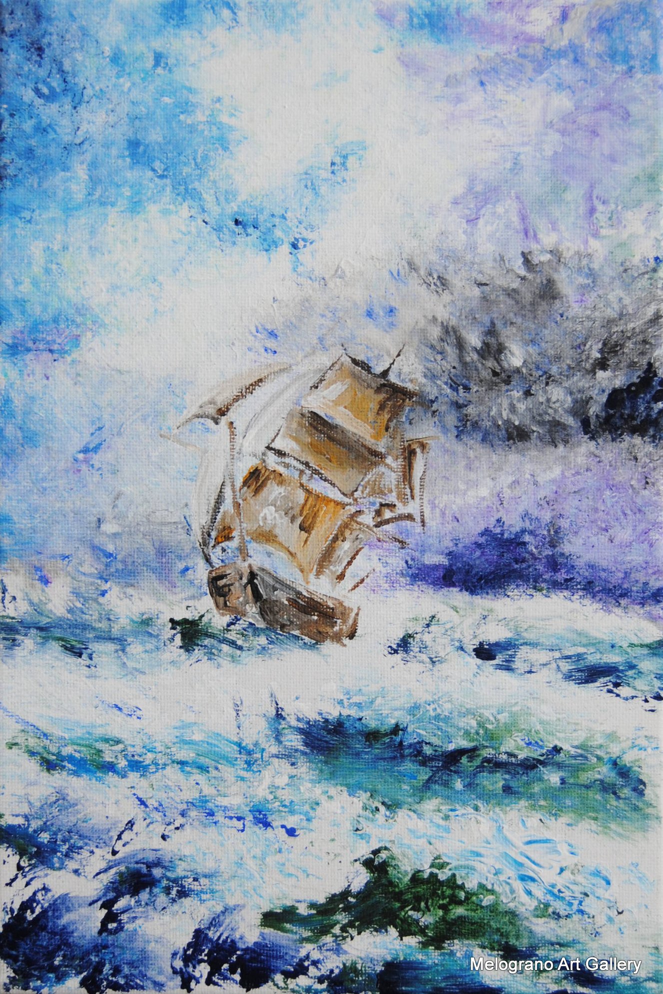 Vera Lowen Veliero sul mare in tempesta. Le onde rappresentano il mistero e la potenza della vita, mentre i velieri incarnano la nostra fragile esistenza