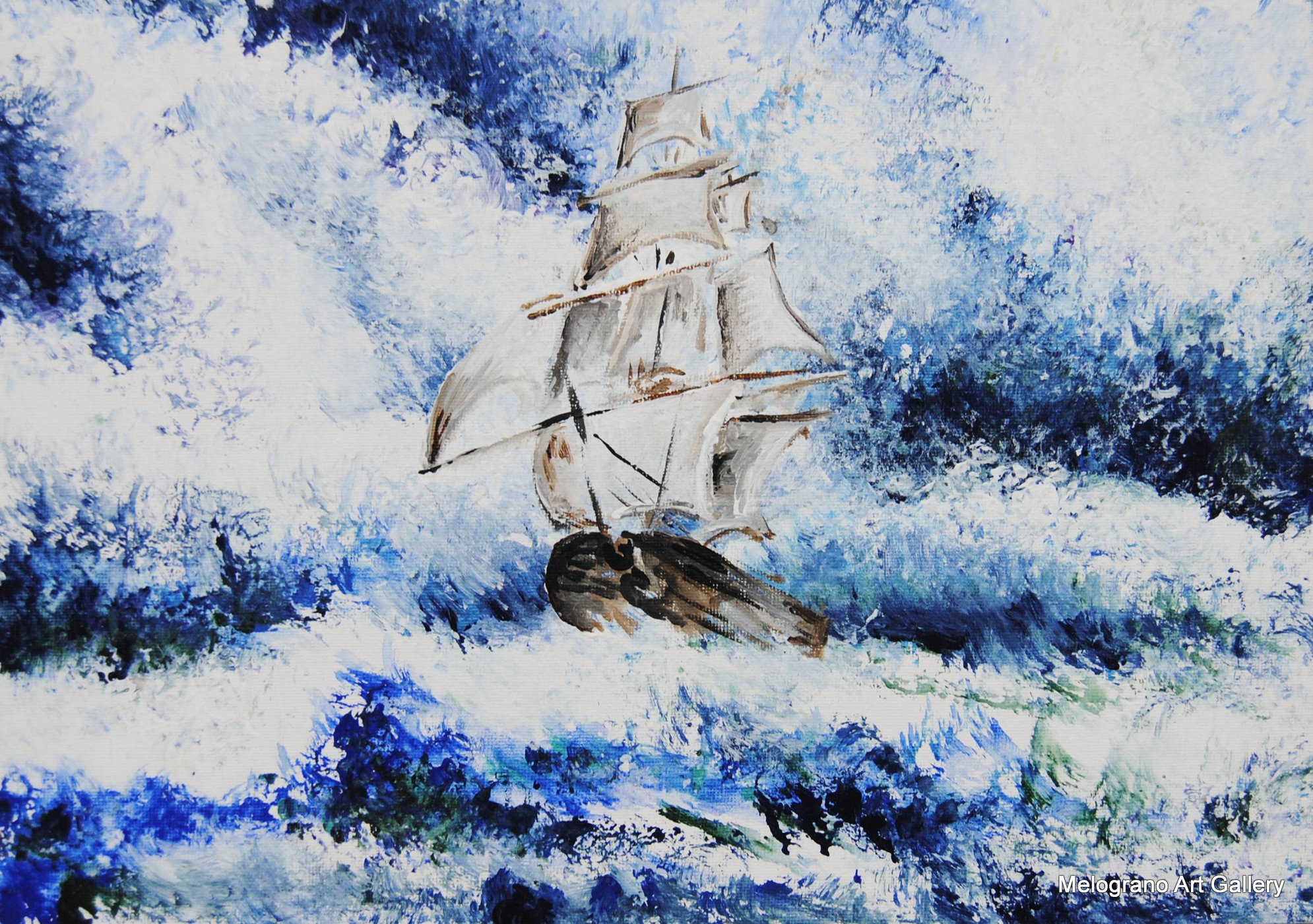 Vera Lowen Veliero sul mare in tempesta. Le onde rappresentano il mistero e la potenza della vita, mentre i velieri incarnano la nostra fragile esistenza