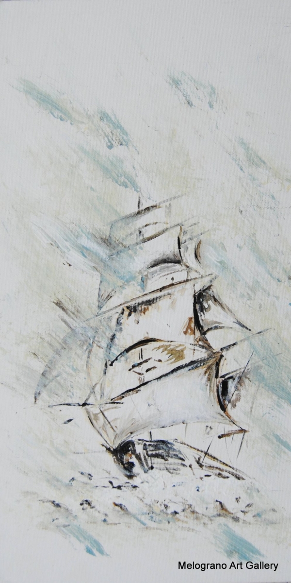 Vera Lowen Veliero sul mare in tempesta. Le onde rappresentano il mistero e la potenza della vita, mentre i velieri incarnano la nostra fragile esistenza