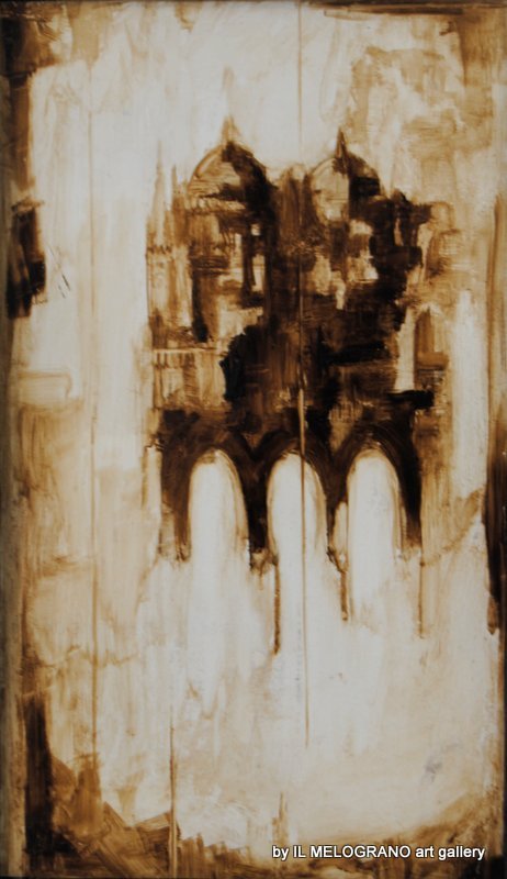 Cattedrale sfumata di Davide Robert Ross, bitume su alluminio con atmosfera nebbiosa e diffusa, architettura ispirata a Venezia