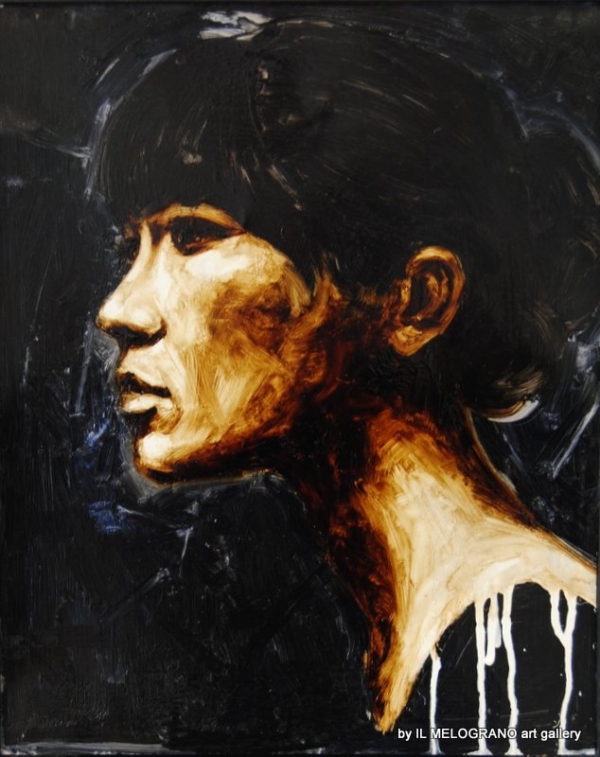 Quadro di Davide Robert Ross, opera a bitume su lastra metallica con figura femminile contemporanea