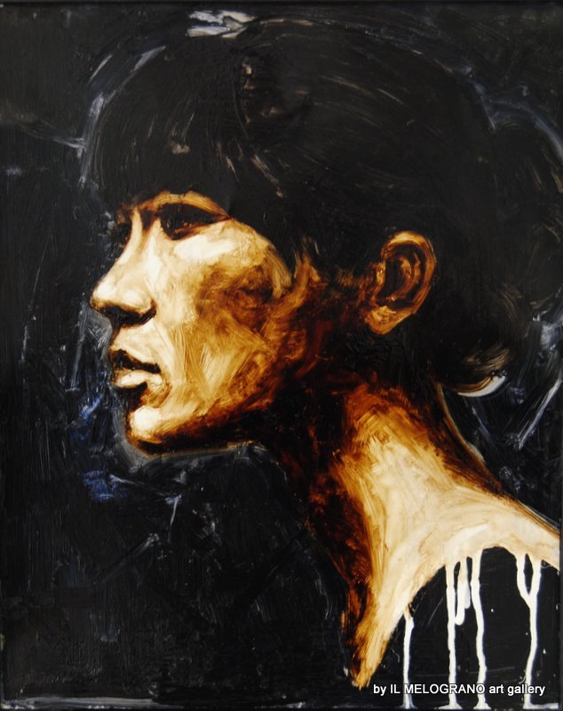 Quadro di Davide Robert Ross, opera a bitume su lastra metallica con figura femminile contemporanea