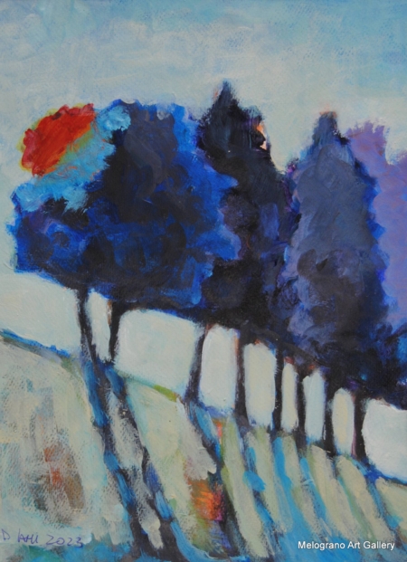 Paesaggio con alberi blu ad acrilico su cartoncino, controluce e fondo verde suggestivo, opera di Donatella Lami.