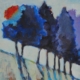 Paesaggio con alberi blu ad acrilico su cartoncino, controluce e fondo verde suggestivo, opera di Donatella Lami.