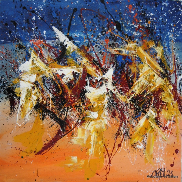 Astratto di Adriano Baldi nei toni caldi dell’arancio, con materia e gestualità informale