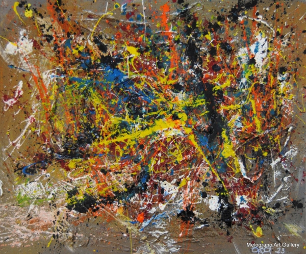 Astratto di Adriano Baldi nei toni caldi dell’arancio, con materia e gestualità informale