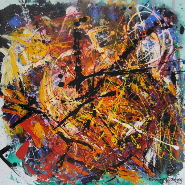 Astratto di Adriano Baldi nei toni caldi dell’arancio, con materia e gestualità informale