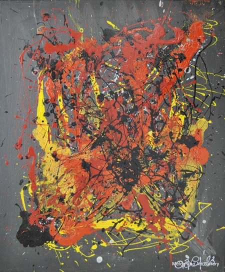 Astratto di Adriano Baldi nei toni caldi dell’arancio, con materia e gestualità informale