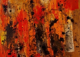 Astratto di Adriano Baldi nei toni caldi dell’arancio, con materia e gestualità informale