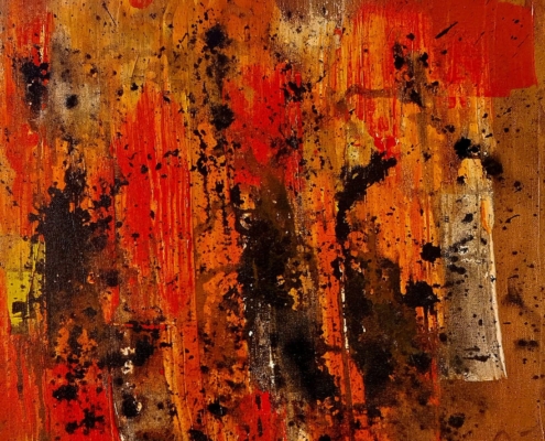 Astratto di Adriano Baldi nei toni caldi dell’arancio, con materia e gestualità informale