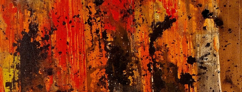 Astratto di Adriano Baldi nei toni caldi dell’arancio, con materia e gestualità informale