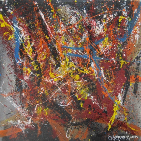 Astratto di Adriano Baldi nei toni caldi dell’arancio, con materia e gestualità informale