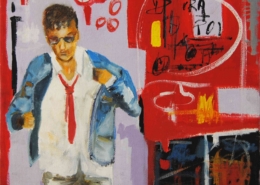 Uomo, con giacca sbottonata e cravatta allentata, fuori da un locale notturno. Atmosfera urbana, luce tenue, scena di fine serata dopo musica jazz.