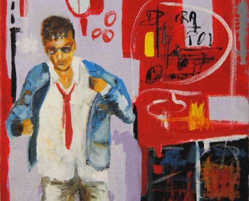 Uomo, con giacca sbottonata e cravatta allentata, fuori da un locale notturno. Atmosfera urbana, luce tenue, scena di fine serata dopo musica jazz.