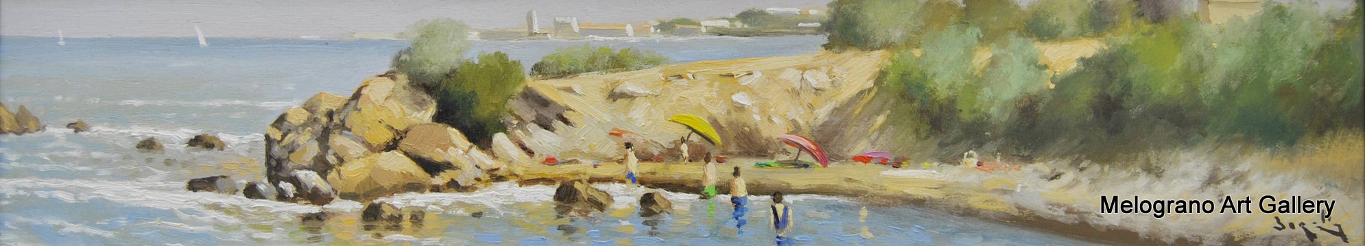 Dipinto di Borella raffigurante le falesie di Antignano sul mare estivo a Livorno, in luce morbida e colori luminosi
