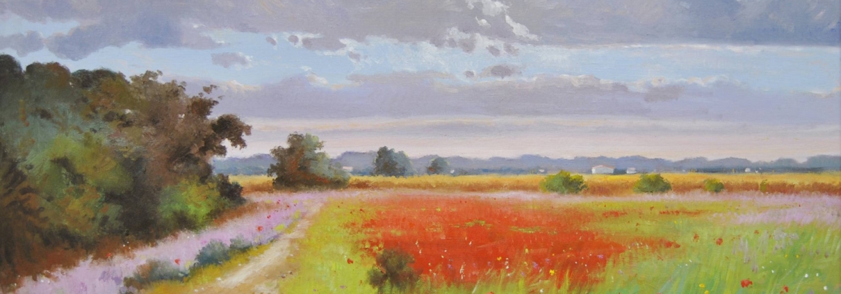 Campagna di papaveri rossi sotto cielo nuvoloso, luce calda e romantica – dipinto di Andrea Borella