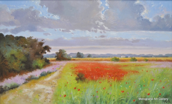 Campagna di papaveri rossi sotto cielo nuvoloso, luce calda e romantica – dipinto di Andrea Borella