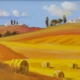 Dipinto di Borella con colline toscane dorate e rotoloni di paglia in bilico contro il cielo azzurro