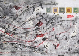 Opera astratta con profondo significato concettuale di Andrea Renda su polistirolo inciso e scavato, con colori che emergono attraverso una superficie traslucida e applicazioni di materiali