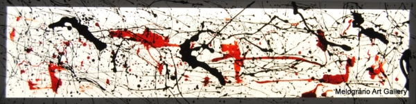 Opera di Andrea Renda su pannello luminoso, in bianco nero e rosso.