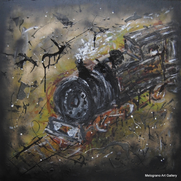 Opera di Andrea Renda con locomotive simboliche che rappresentano il viaggio della vita, tra gallerie oscure e paesaggi luminosi; stile evocativo che unisce immagine e concetto