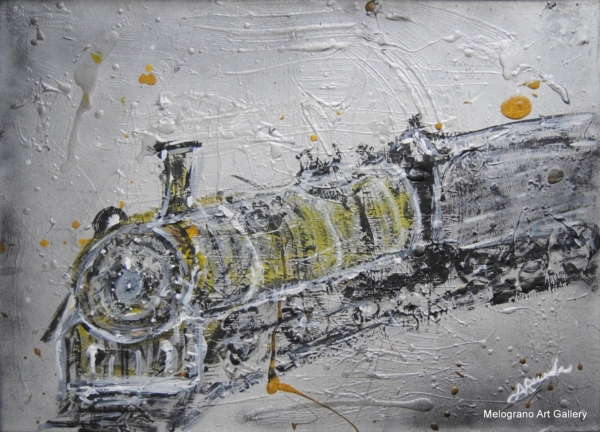 Opera di Andrea Renda con locomotive simboliche che rappresentano il viaggio della vita, tra gallerie oscure e paesaggi luminosi; stile evocativo che unisce immagine e concetto