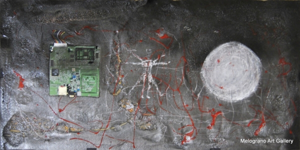 Opera “Il Nuovo Vitruviano” di Andrea Renda, reinterpretazione contemporanea dell’Uomo Vitruviano di Leonardo, con cerchio e quadrato che simboleggiano universo e mondo terreno, corpo umano al centro.