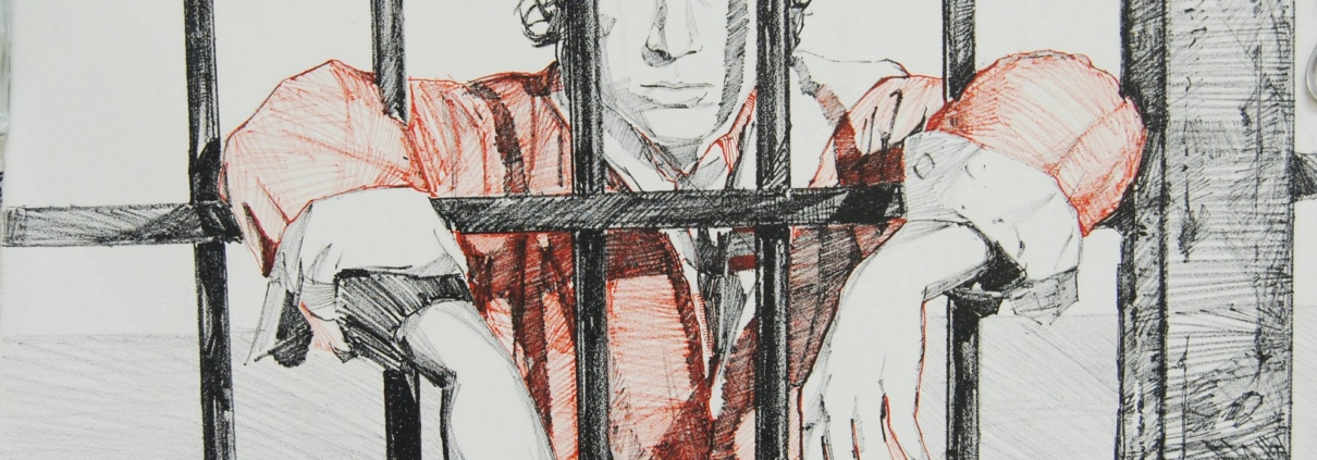 Angelo Froglia. Autoritratto dell'artista livornese dietro le sbarre di un carcere.