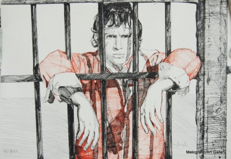 Angelo Froglia. Autoritratto dell'artista livornese dietro le sbarre di un carcere.
