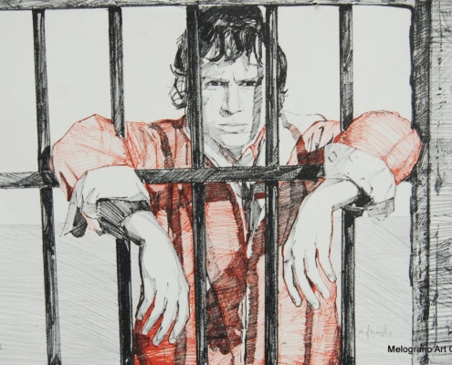 Angelo Froglia. Autoritratto dell'artista livornese dietro le sbarre di un carcere.