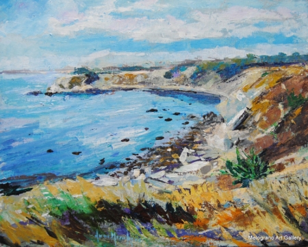 Dipinto di Anna Maria Acone con la scogliera di Antignano e fioriture sulle falesie, mare di Livorno