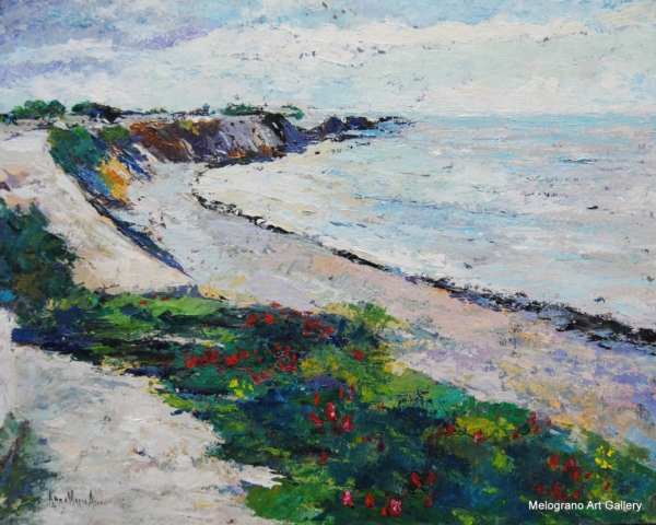 Dipinto di Anna Maria Acone con la scogliera di Antignano e fioriture sulle falesie, mare di Livorno