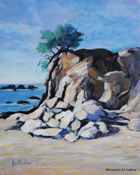 Dipinto di Anna Maria Acone con tamerice sulle falesie di Antignano, costa livornese