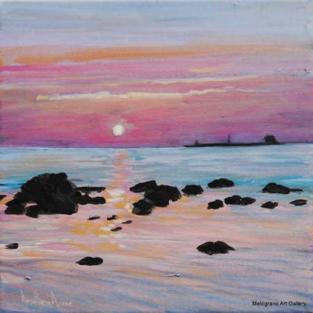 Dipinto di Anna Maria Acone con tramonto sul mare e scogli in primo piano, costa livornese