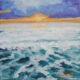 Dipinto di Anna Maria Acone con tramonto sul mare e scogli in primo piano, costa livornese