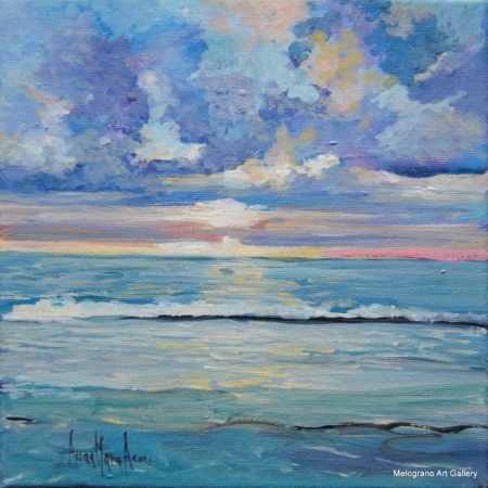 Dipinto di Anna Maria Acone con tramonto sul mare e scogli in primo piano, costa livornese