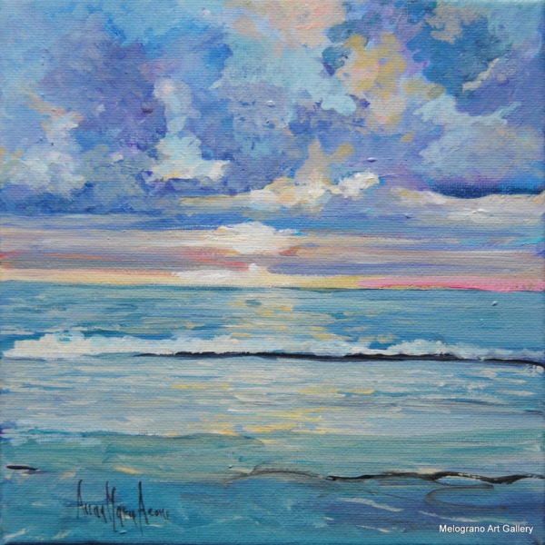 Dipinto di Anna Maria Acone con tramonto sul mare e scogli in primo piano, costa livornese