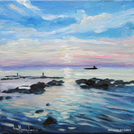 Dipinto di Anna Maria Acone con tramonto sul mare e scogli in primo piano, costa livornese